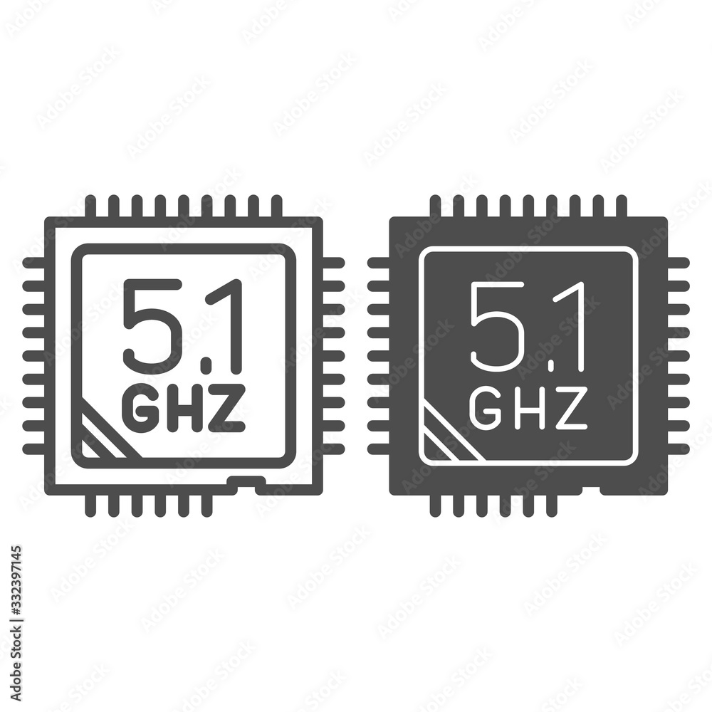 Poster modern powerful processor line and solid icon. computer microchip, cpu overlock symbol, outline styl