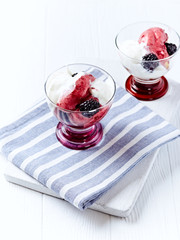 Ice Cream Sorbet on bright wooden background. 
