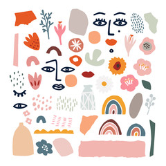 Set of abstract hand drawn shapes, flowers, floral elements, line art women faces. Flat modern artistic, minimalist design. Decorative isolated vector illustrations for textile, prints, patterns.