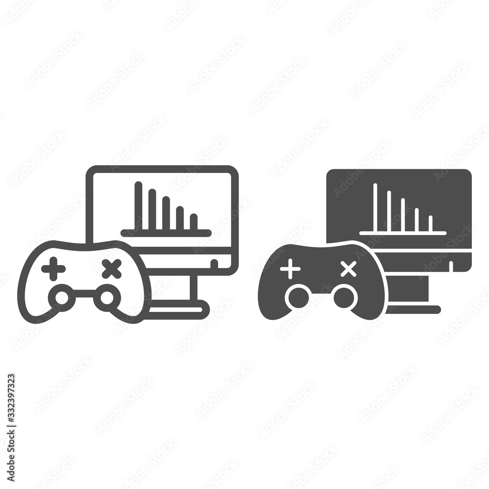 Poster gamer testing line and solid icon. gamepad or joystick and game chart monitor symbol, outline style 
