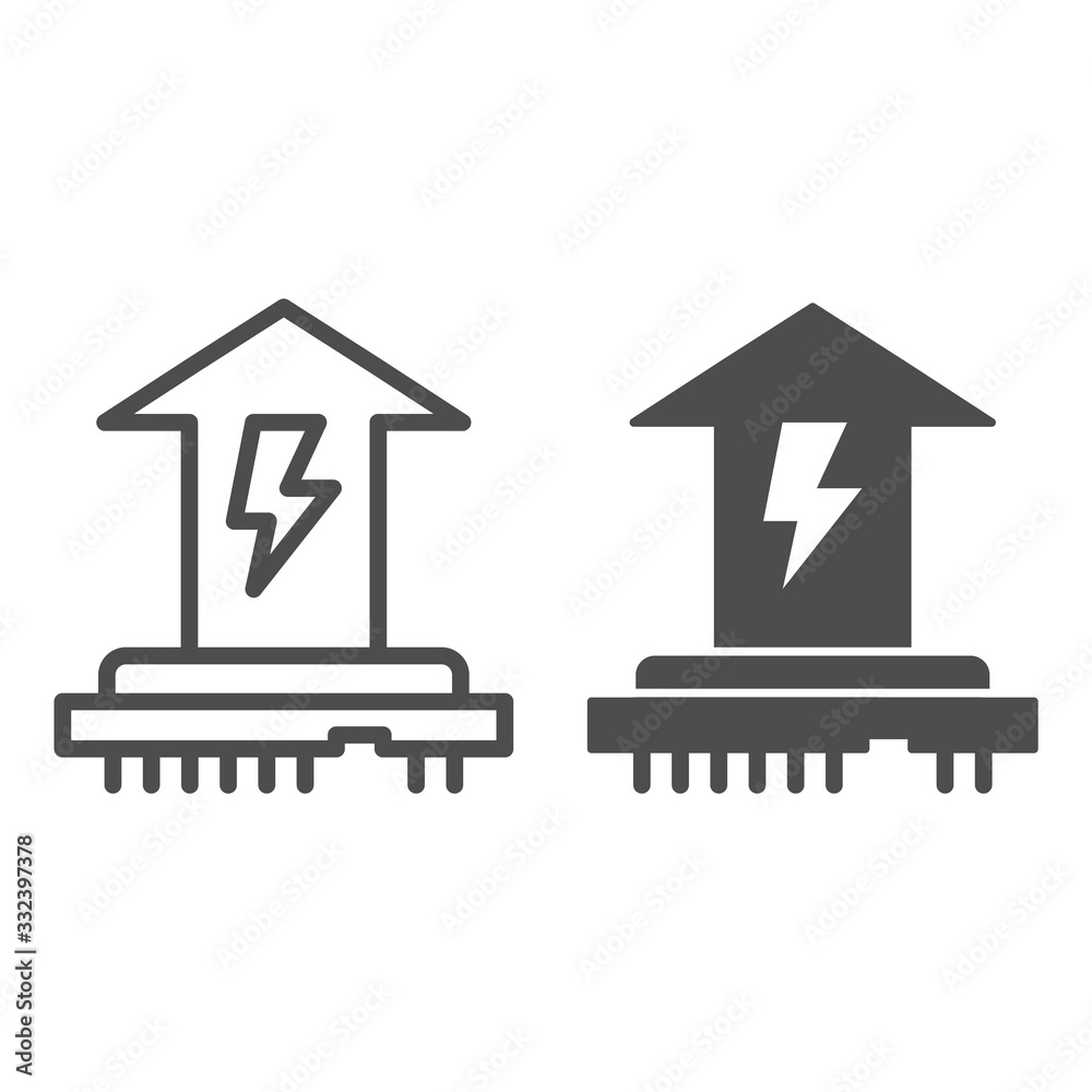 Poster cpu power consumption line and solid icon. microchip and up arrow with energy symbol, outline style 