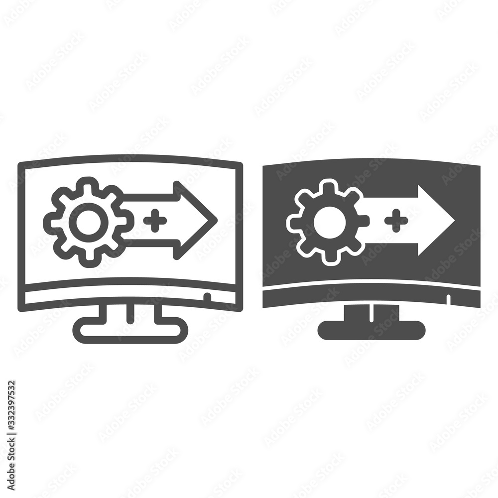 Poster system upgrade line and solid icon. software update, gear with arrow on monitor symbol, outline styl