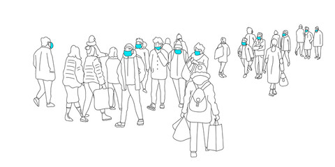 People walking on the street wearing antivirus mask. Coronavirus epidemic 2020