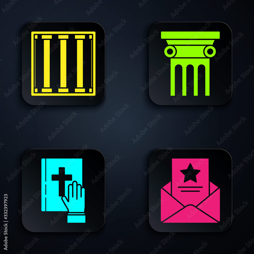 Sticker Set The arrest warrant, Prison window, Oath on the Holy Bible and Law pillar. Black square button. Vector