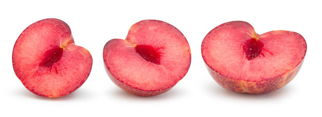 The collection of Red plum cut in half isolated on white with clipping path.