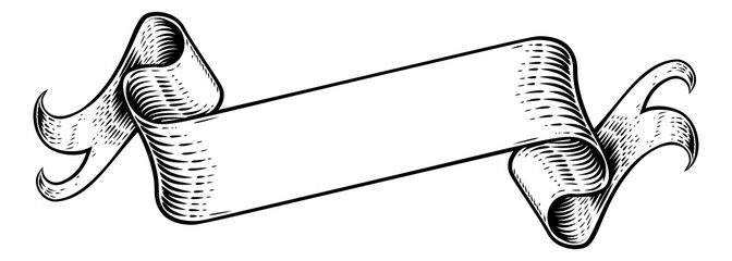 A scroll flag paper banner parchment ribbon in a vintage retro woodcut style