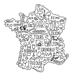 Fototapeta na wymiar Hand drawn doodle France map. city names lettering and cartoon