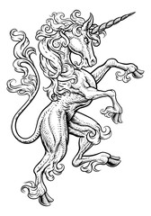A unicorn horse with horn from mythology rearing rampant on its hind legs in a coat of arms crest woodcut style