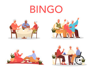Happy elderly playing bingo together. Old man and woman playing