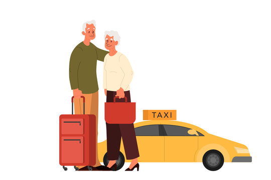 Elderly couple waiting for taxi. Old woman and man with luggage