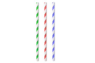 Colored paper straws isolated on white background, top view