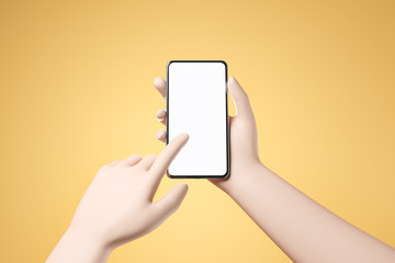 Fototapeta na wymiar Cartoon hand holding smartphone with blank white screen and push the screen over yellow background.