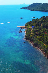 Green Tropical Vietnamese Island Phu Quoc aerial view. Beautiful sea landscape. Tourism in Asia
