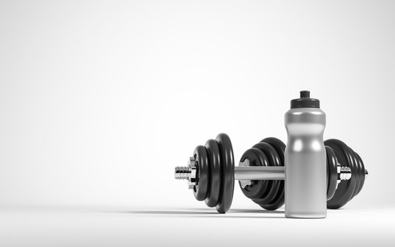 Silver fitness bottle and two black dumbbells on the white background with copyspace. Sport healthy lifestyle concept.