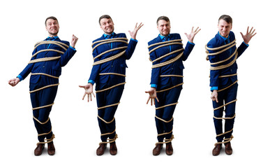 Collage of angry businessman tied up with rope trying escape.
