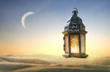 Ornamental Arabic lantern with burning candle - obrazy, fototapety, plakaty