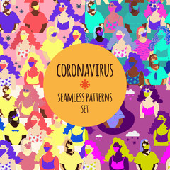Naklejka premium Girls in face masks flat vector seamless pattern set. Pandemic of coronavirus concept texture. Illustration with women of different races and virus icon. Textile design, wrapping paper, web background