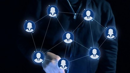 a man click on a virtual screen with icons and the social media title - Powered by Adobe