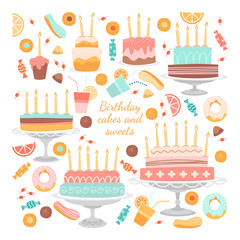 Set of illustrations of birthday cakes and sweets in a flat style.