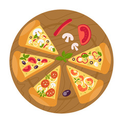 Tifferent types of pizza in slices. Margherita and pepperoni, vegetarian