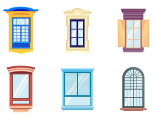 Set of windows in cartoon style. Beautiful elements of architecture.