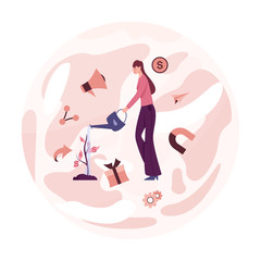 Referral program concept. Woman increase her profit in global