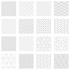 Set of 16 geometric seamless patterns, black and white, various shapes 