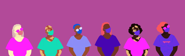 Girls with different skin color, clothes and hairstyle in face masks.Flat vector set. Pandemic of coronavirus concept. Women with vitiligo. Illustration with copy space for web banner in trendy colors