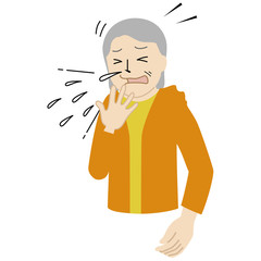 Illustration of a Senior woman who can't stop sneezing.