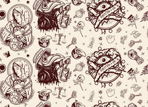 Coronavirus seamless pattern. Plague doctor, COVID-19 (SARS-CoV-2), Virgin Mary mourns the death of world, all seeing eye. Stay home background. Stop epidemic. Old school tattoo style © intueri