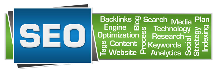 SEO - Search Engine Optimization Green Blue Word Cloud Horizontal 