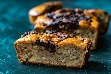 Homemade Organic Healthy Banana Bread Cake Slices with Chocolate Pieces and Walnut.