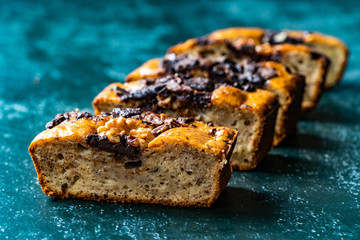 Homemade Organic Healthy Banana Bread Cake Slices with Chocolate Pieces and Walnut.