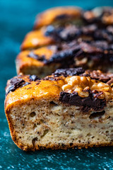 Homemade Organic Healthy Banana Bread Cake Slices with Chocolate Pieces and Walnut.