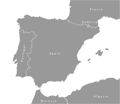 Vector modern illustration in grey color. Simplified european political map with Spain in the center. White background and outlines. Borders with Portugal, France, Andorra.