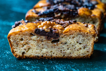 Homemade Organic Healthy Banana Bread Cake Slices with Chocolate Pieces and Walnut.