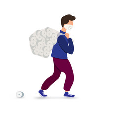 A young man in a medical mask carries a bag of toilet paper. International quarantine. Coronavirus pandemic CoVID-19 vector concept. Hygiene deficit during the global epidemic. Panic guy. 