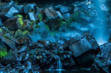 close up of deroc waterfall lozere France.