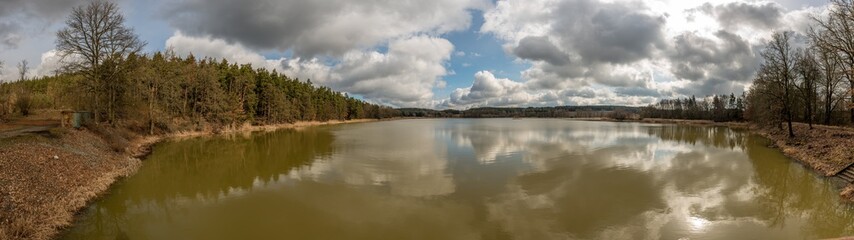 panorama view of a pond in sytno with cloudy sky