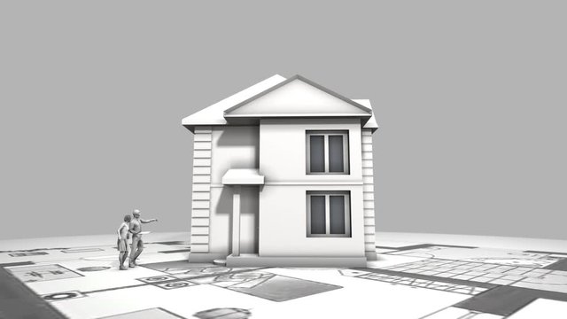 Building a house with a hip roof. Time-lapse 3d animation of house construction - from the blueprints to installation of the roof with pantile roof tile. Top view