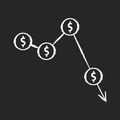 Crysis, currency depreciation chalk white icon on black background. Inflation, exchange rates decline. Commerce, business fail, profit reduction. Isolated vector chalkboard illustration