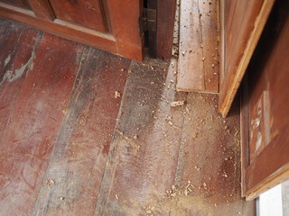 The evidence of termite bite of wooden door in thai style home