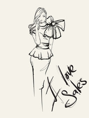 Beautiful young woman in modern style.. Hand drawn stylish woman portrait. Fashion lady. Festive outfit. Sketch. Fashion model posing in dress. Hand drawn fashion woman.