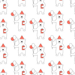 Hand drawn vector seamless pattern design cute bear with balloons and gift for birthday party.