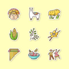 Peru printable patches. Hispanic traditions, culture, cuisine. RGB color stickers, pins and badges set. Incas, alpaca, guinea pig, corn, coca, vanilla, ceviche, marinera. Vector isolated illustrations - obrazy, fototapety, plakaty