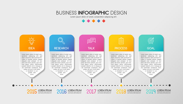 Business infographic template with 5 steps. Colourful timeline. Vector