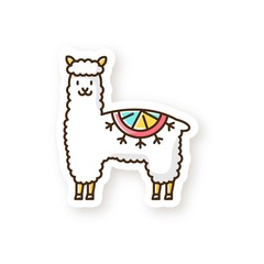 Alpaca patch. Peruvian domesticated cute woolly llama. South american adorable camelid. Hoofed ruminant animal from Andes. Camel-like mammal. RGB color printable sticker. Vector isolated illustration