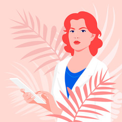 Obraz na płótnie Canvas The Doctor woman dressed in a white medical coat. Medical professions. Coronavirus. Vector flat illustration