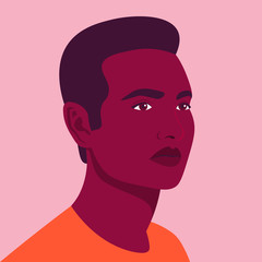 Portrait of a young African man. Avatar of an American guy for social network. Colorful portrait. Student of the university. Vector flat illustration