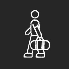 Male passenger with bag chalk white icon on black background. Tourist carrying baggage. Visitor departure for airplane flight. Preparing for vacation. Isolated vector chalkboard illustration